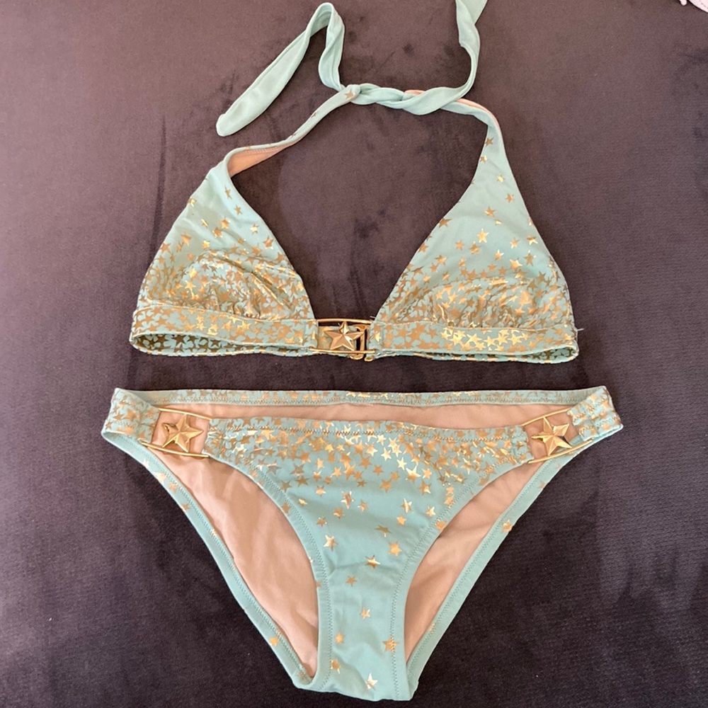 Sexy teal and gold bathing suit. Size medium top and small bottom.
